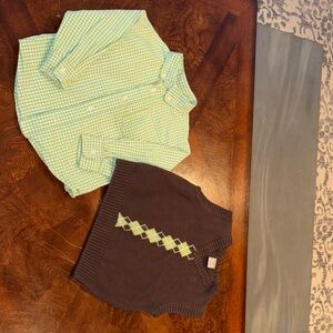 Gymboree Kids Green Checkered Shirt and matching Brown Argyle Vest Set
